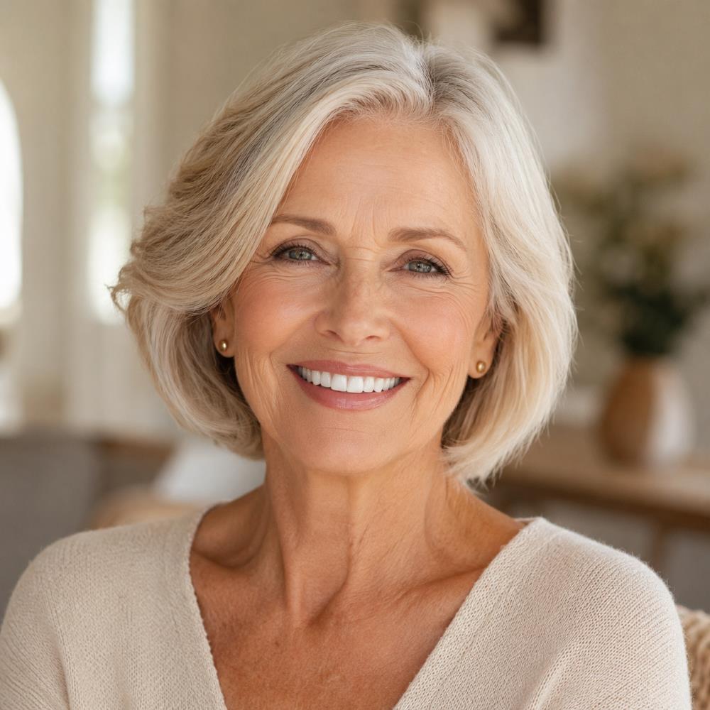 Smiling mature woman representing natural-looking dental implant tooth replacement in Winchester