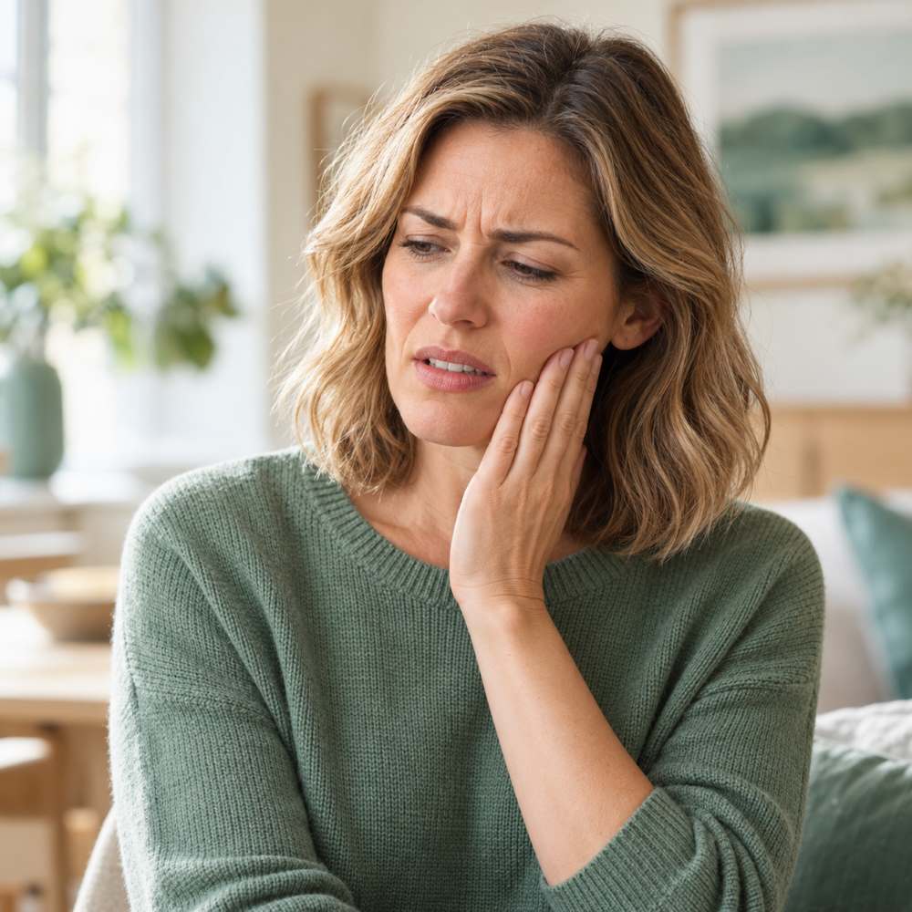 Woman holding her cheek because of toothache